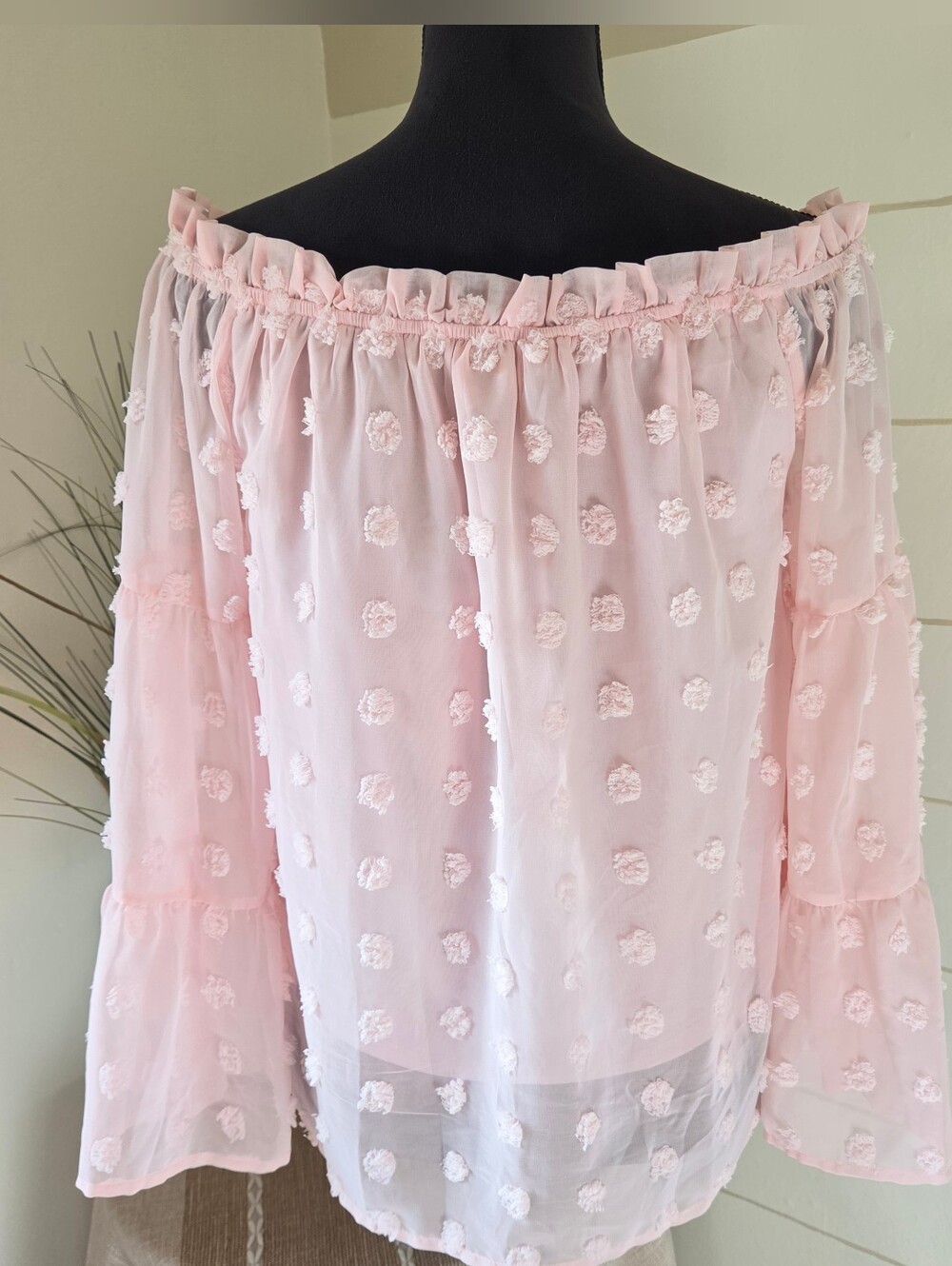 NWT ANDREE by UNIT S Sheer Blouse Swiss Dot Off Shoulder Coastal Cowgirl Boho